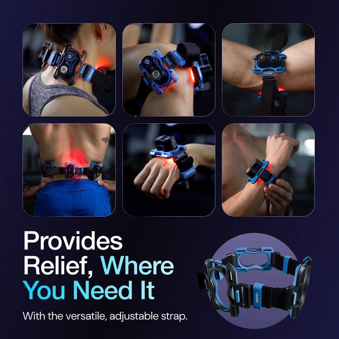 Collage of six angle shots showing a blue and black adjustable wrist brace worn on the forearm, with red indicator lights. It highlights the strap's versatility and fit.